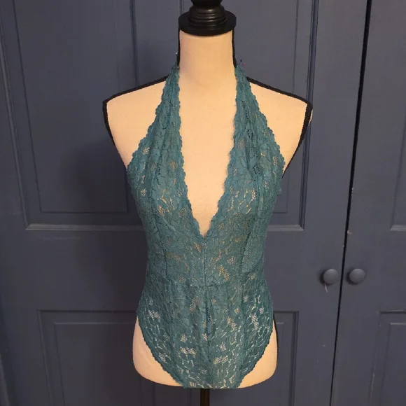 Free People Intimately Teal Lace Halter Bodysuit Sz Small - Picture 1 of 8